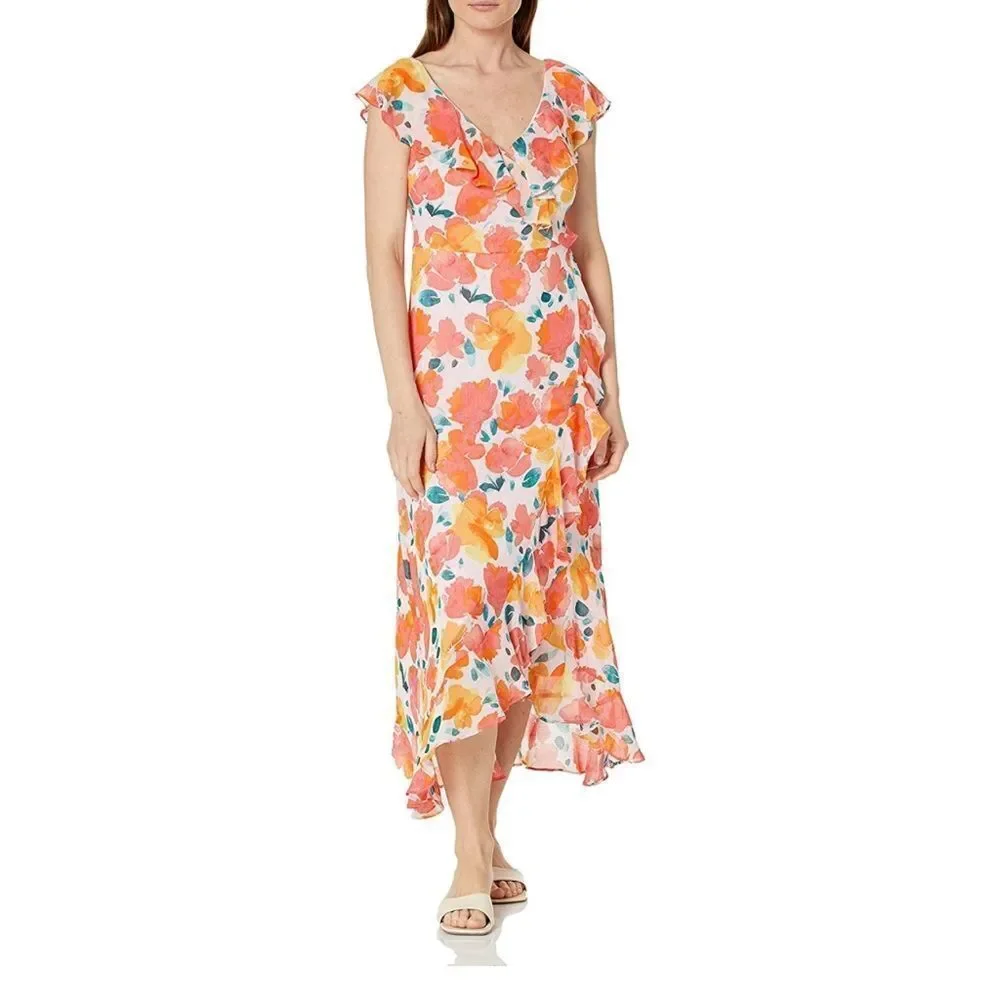 London Times Chiffon Faux Wrap Ruffle Maxi Dress Guest of Wedding size 12
